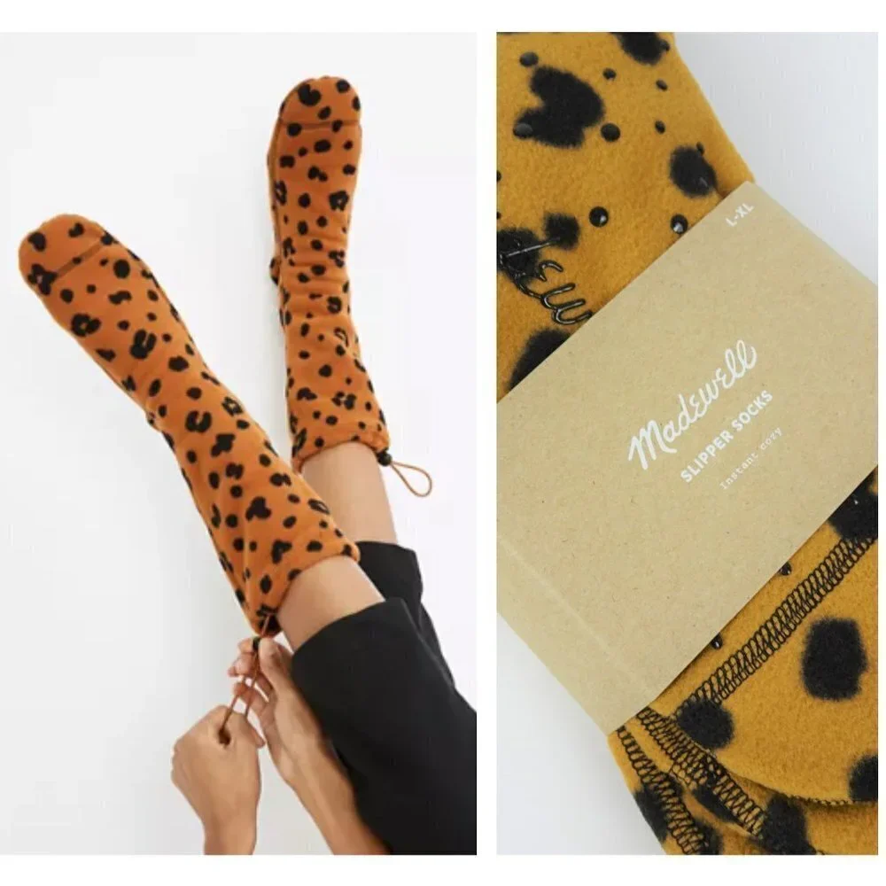 Madewell Slipper Socks Leopard Fleece Plush NWT L/XL